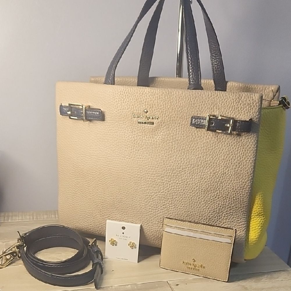 Kate Spade Tan and Yellow Bag w/ Navy Accents Bundle